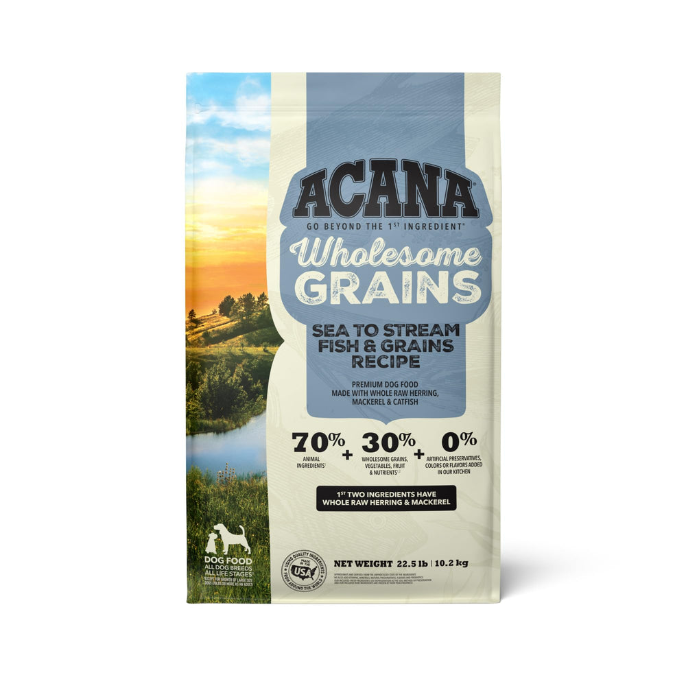 ACANA Wholesome Grains Sea to Stream bag front highlighting high-protein fish recipe for dogs.
