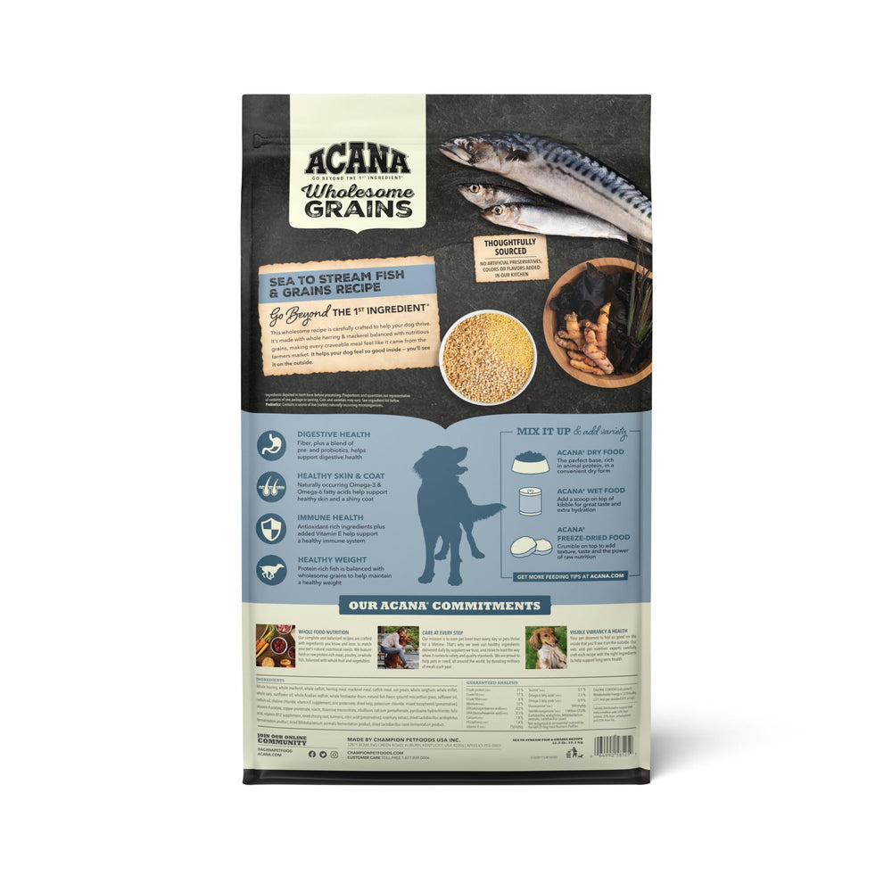 ACANA Wholesome Grains Sea to Stream kibble close-up showcasing texture for healthy coat.