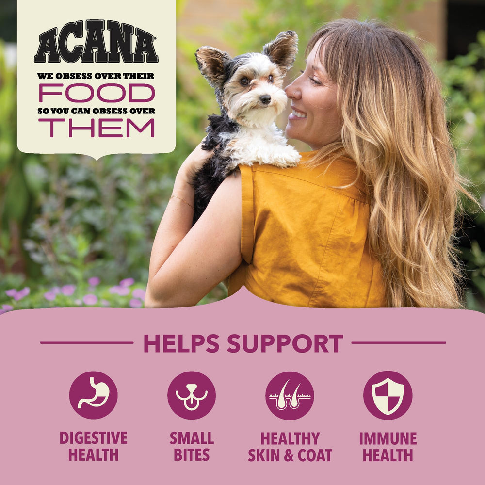 ACANA chicken and turkey visuals indicate protein-rich nourishment for small dogs