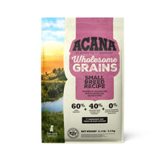 ACANA Wholesome Grains Small Breed dry dog food bag highlighting premium ingredients.