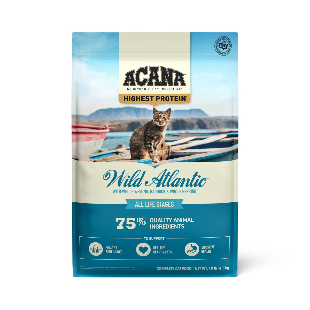 ACANA Wild Atlantic 10lb bag of grain-free dry cat food for protein-rich meals.