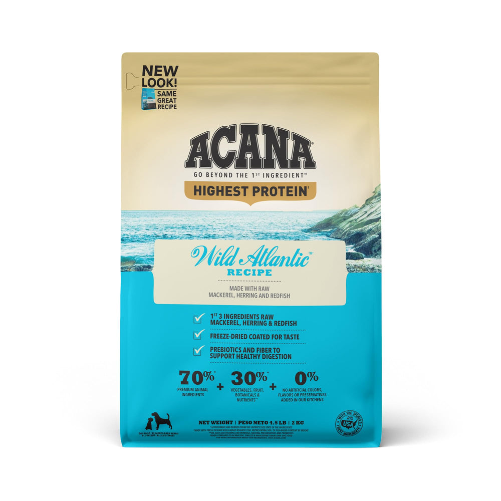 ACANA Wild Atlantic Recipe dry dog food bag showing high-protein nutrition.