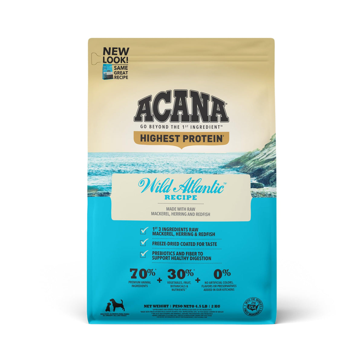ACANA Wild Atlantic Recipe dry dog food bag showing high-protein nutrition.