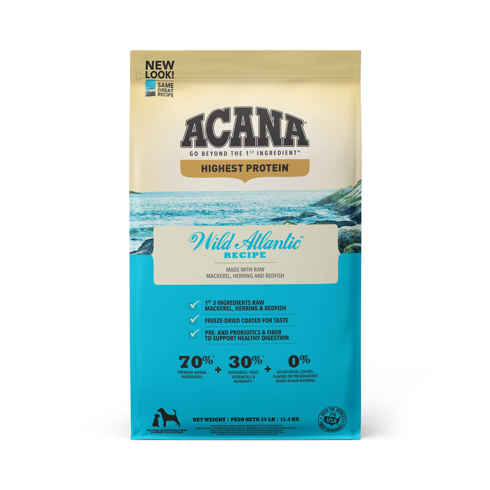ACANA Wild Atlantic Recipe dog food bag highlighting high-protein grain-free nutrition.