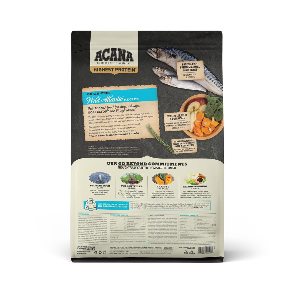 ACANA Wild Atlantic Recipe ingredients highlight fish variety for protein.
