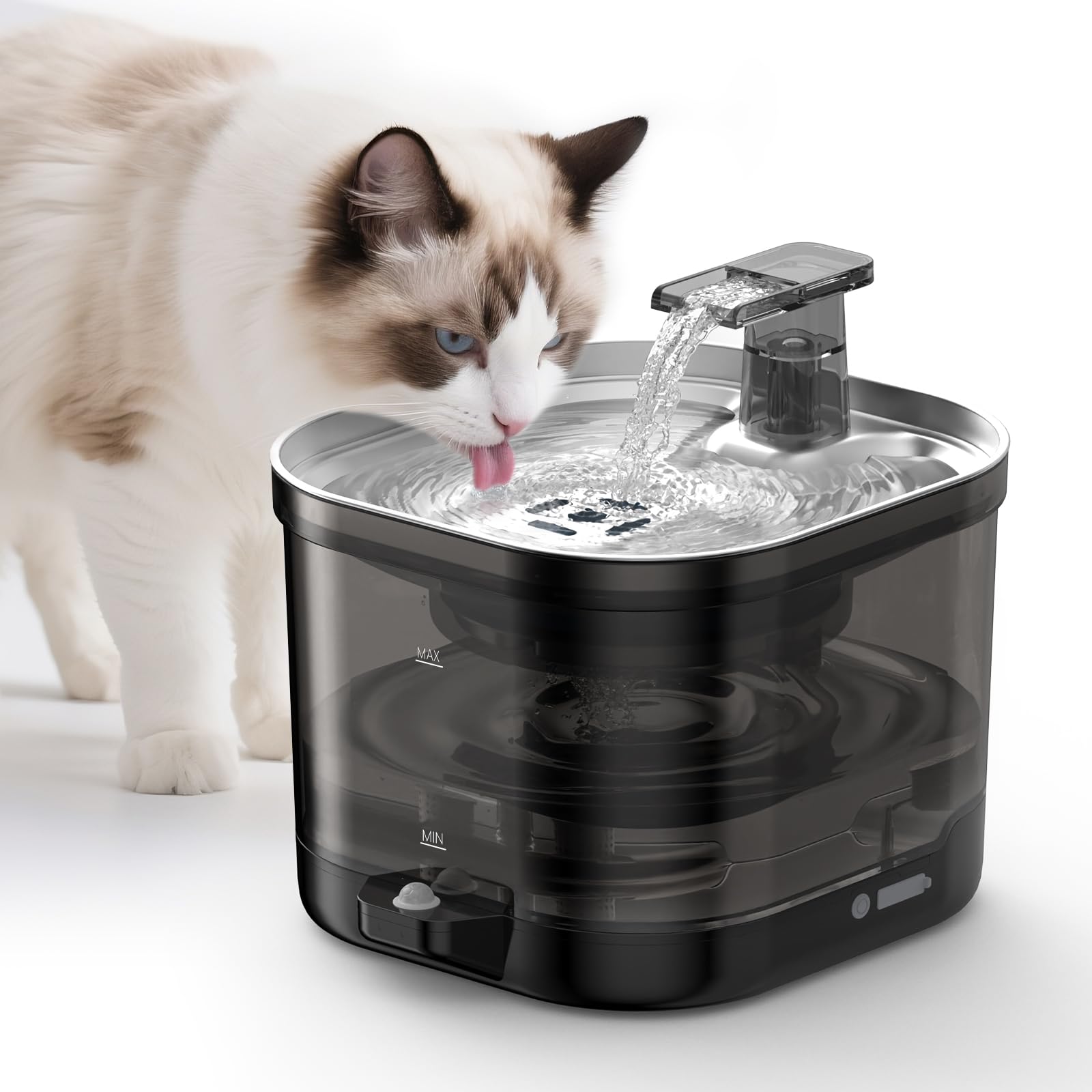 Accokids fountain water-level window helps monitor remaining water easily.