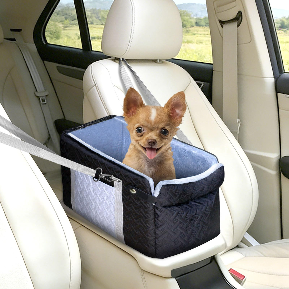 ACMEME dog car seat center-console view showing secure fit for small pets