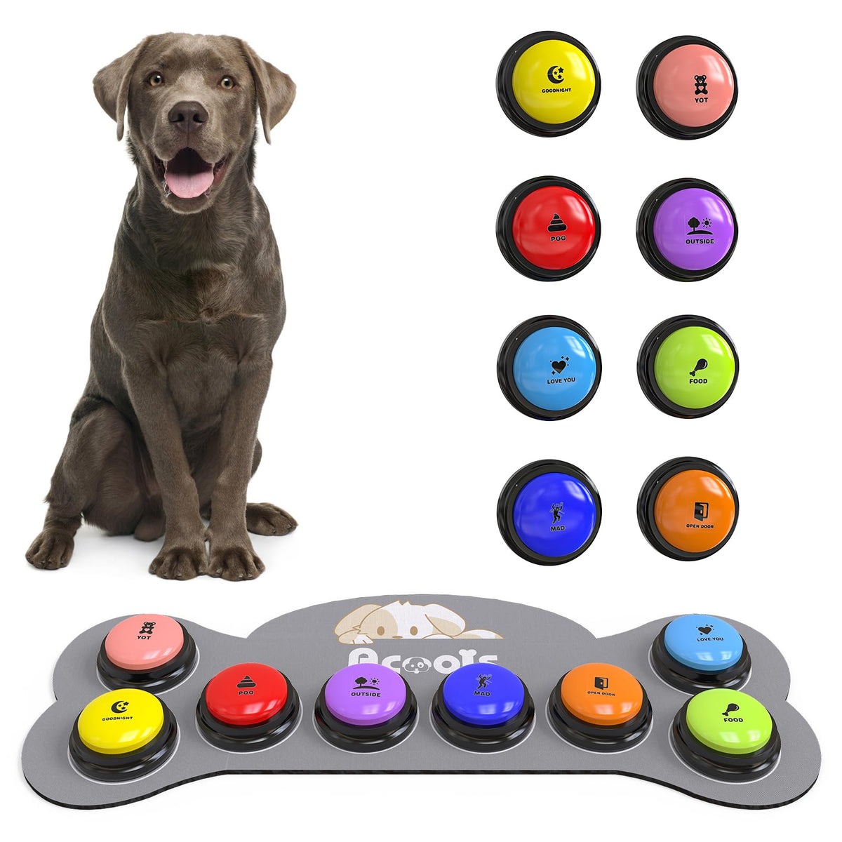 Acools eight-color dog buttons set enables versatile prompts and games.
