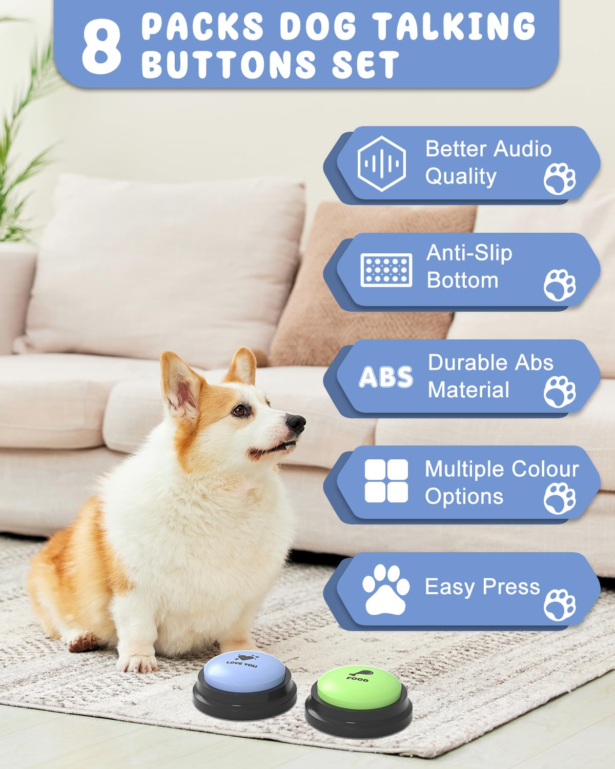Acools dog buttons on anti-slip mat for organized training.