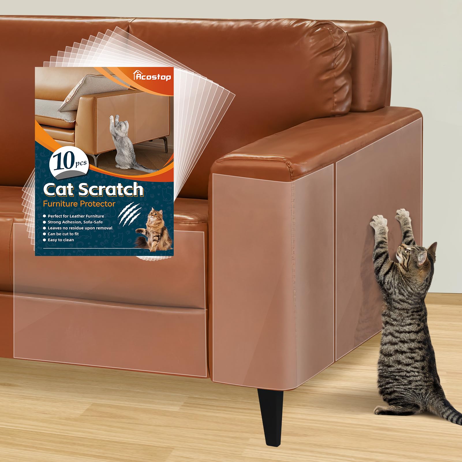 Acostop cat scratch protector with adhesive back on leather furniture, showing leather-friendly protection.
