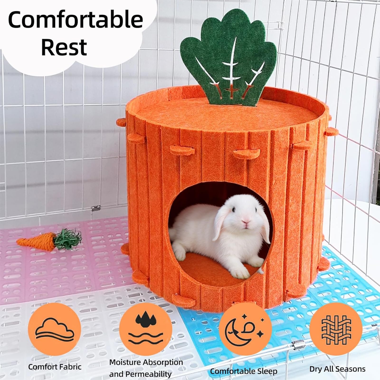 Dimensions of the Acsist Rabbit Hideout are 15.75 by 15.75 by 11.81 inches for versatile small pets.