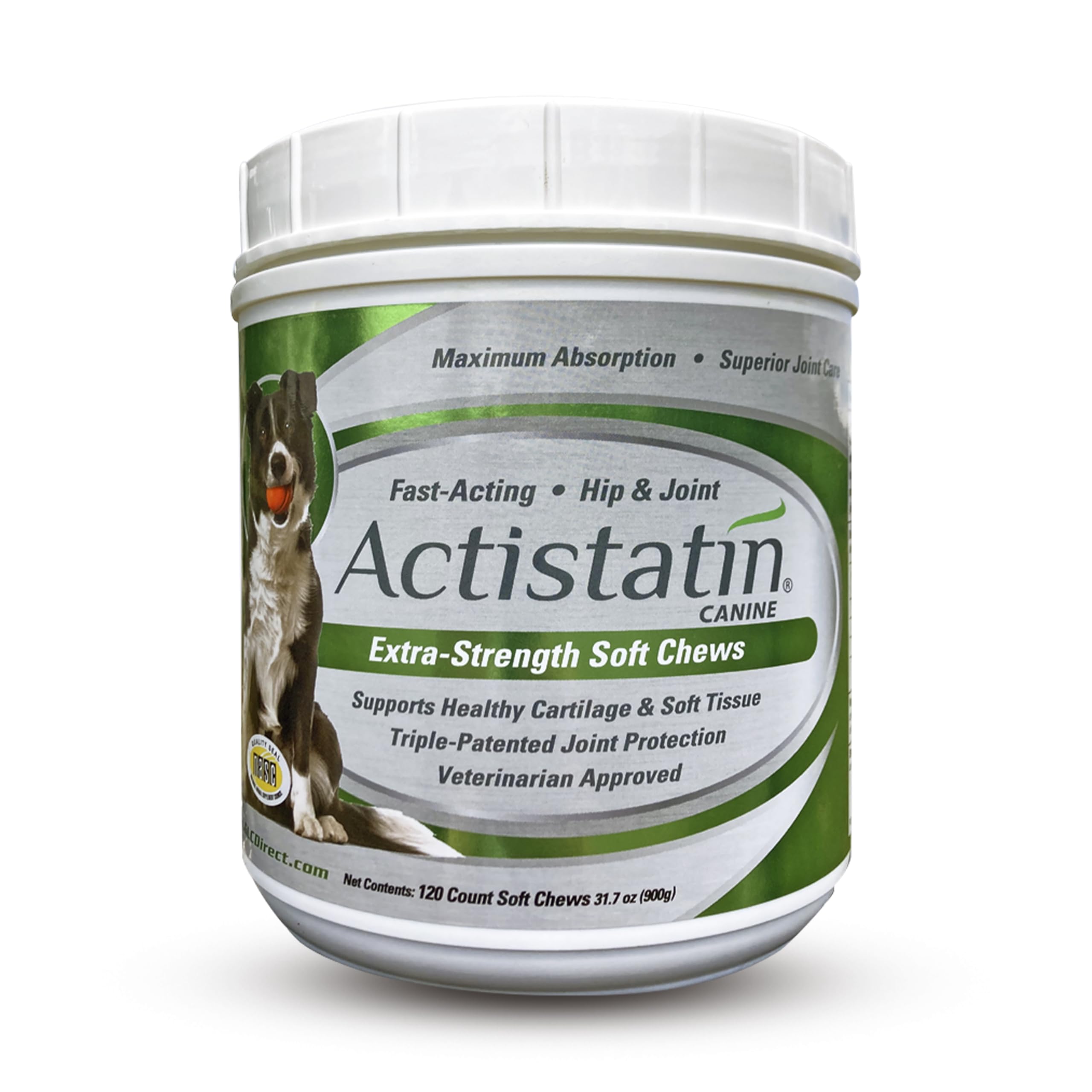 Actistatin Canine Large Dog Soft Chews bottle front highlighting joint support benefits.