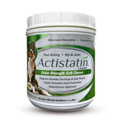 Actistatin Canine Large Dog Soft Chews bottle front highlighting joint support benefits.