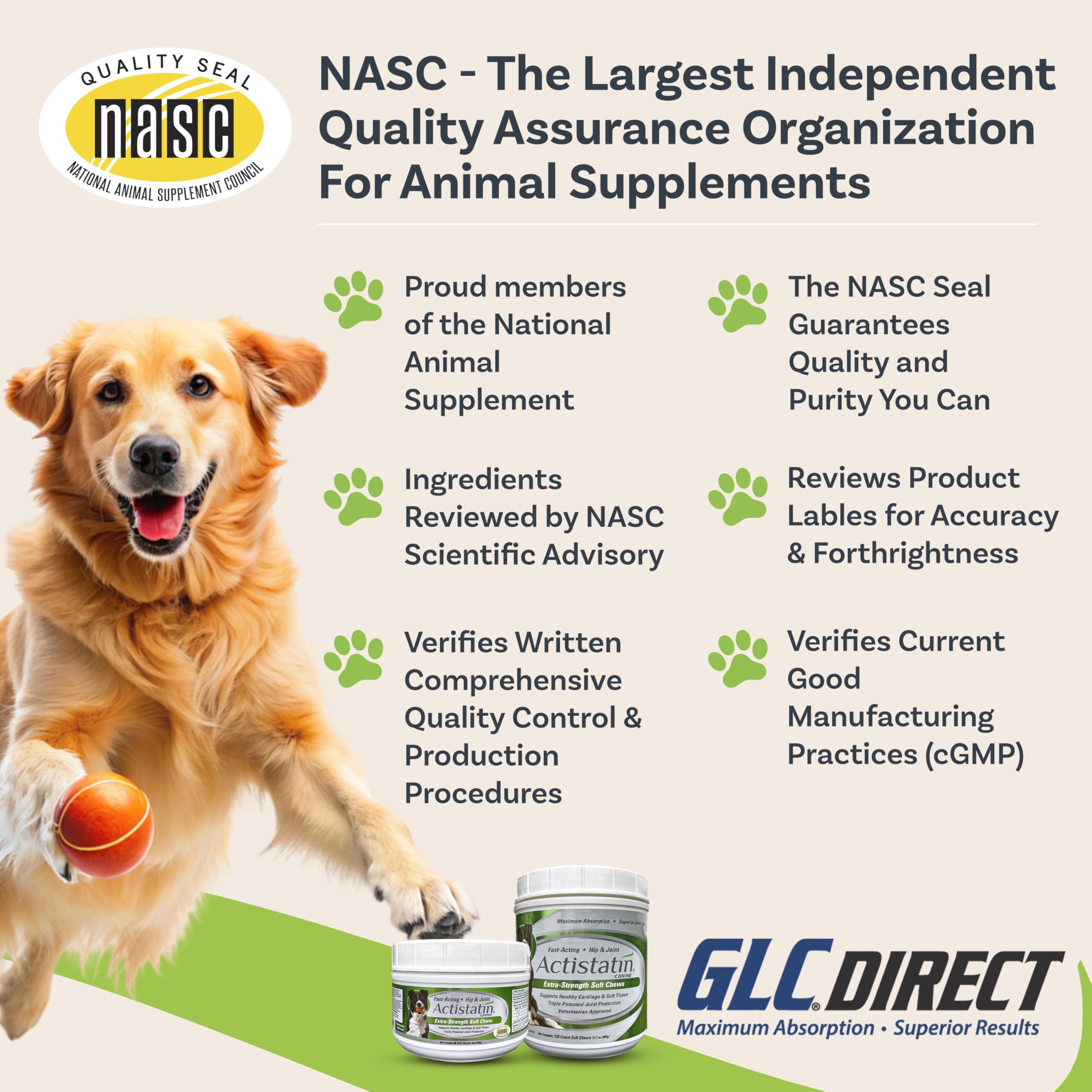 Actistatin Canine Soft Chews packaging showing quality and NASC backing.