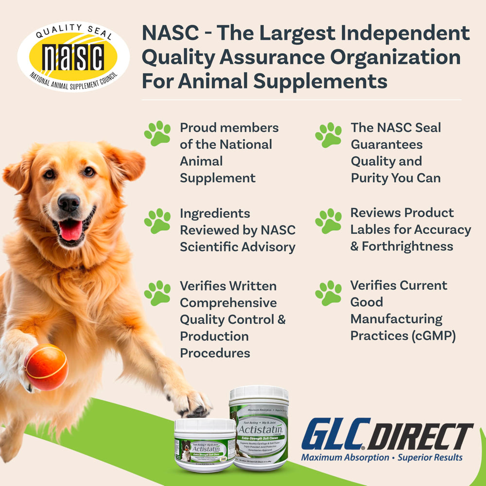 Actistatin Canine Soft Chews packaging showing quality and NASC backing.