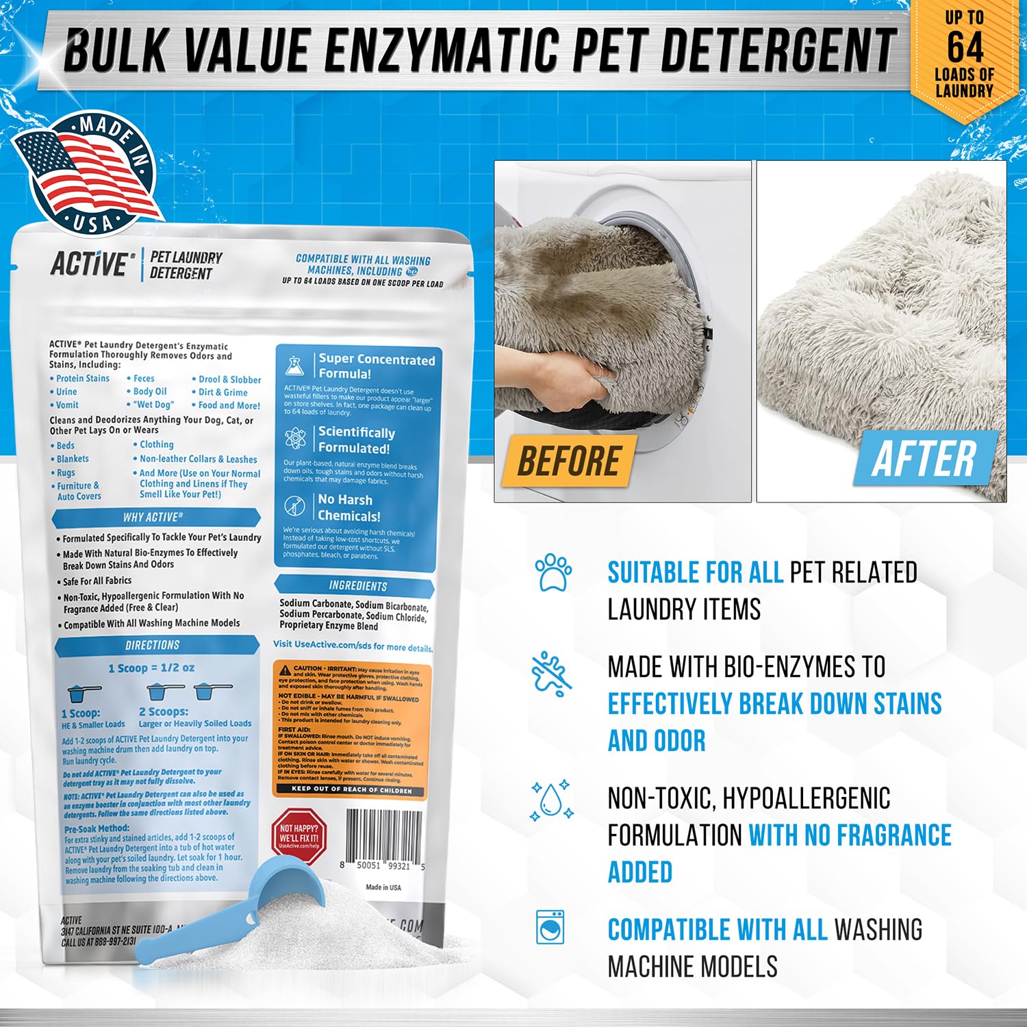 ACTIVE Enzyme Cleaner targets urine and stubborn stains on fabrics.