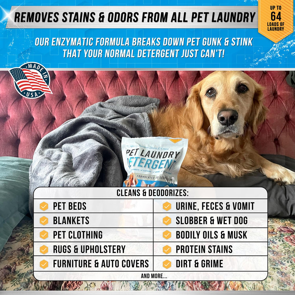 ACTIVE Pet Detergent bottle shown for pet bed odor removal and fresh fabrics.
