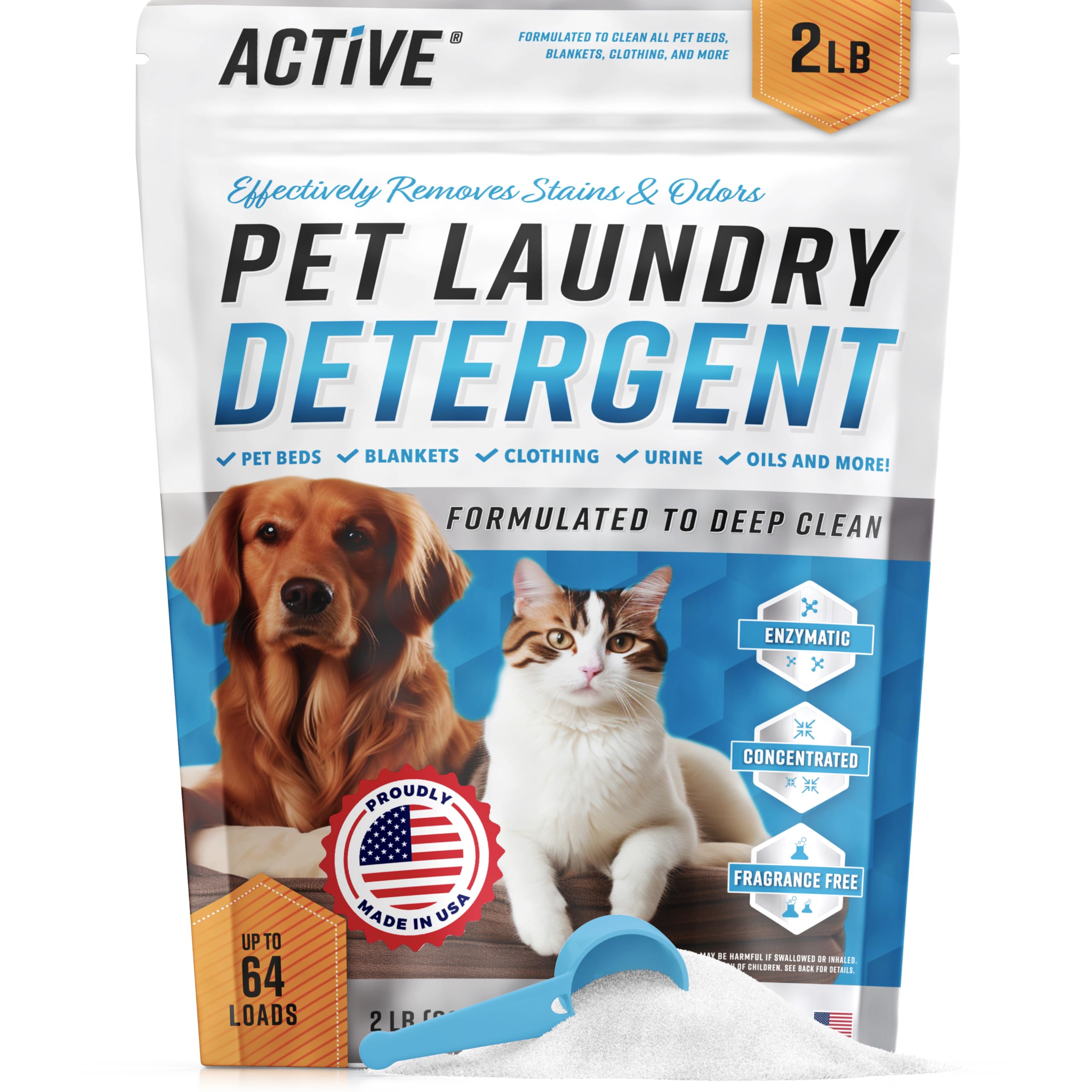 ACTIVE Pet Detergent powder scoop targets odors and stains.
