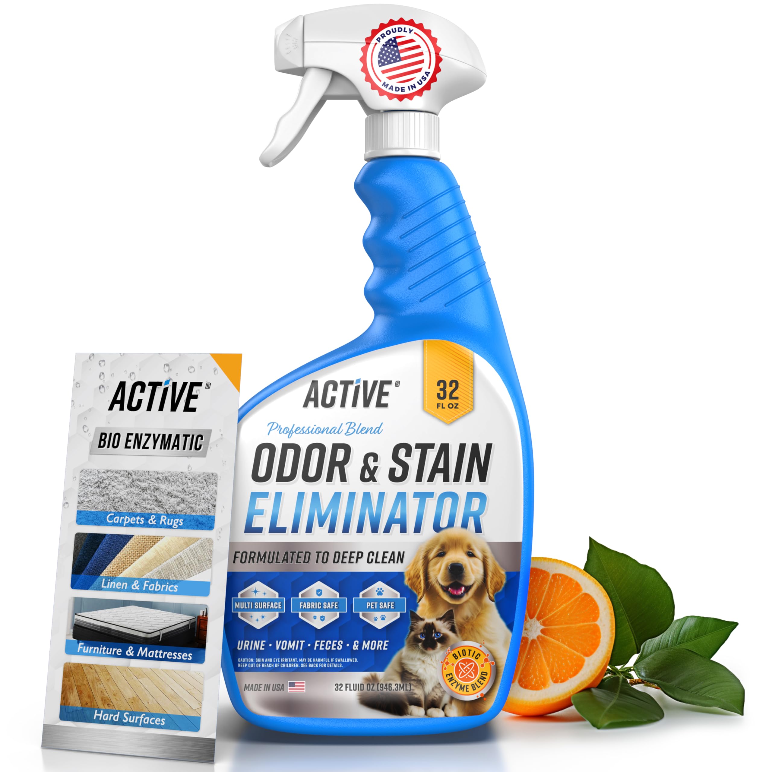 Active Pet Odor Eliminator bottle ready for easy at-home odor and stain cleanup
