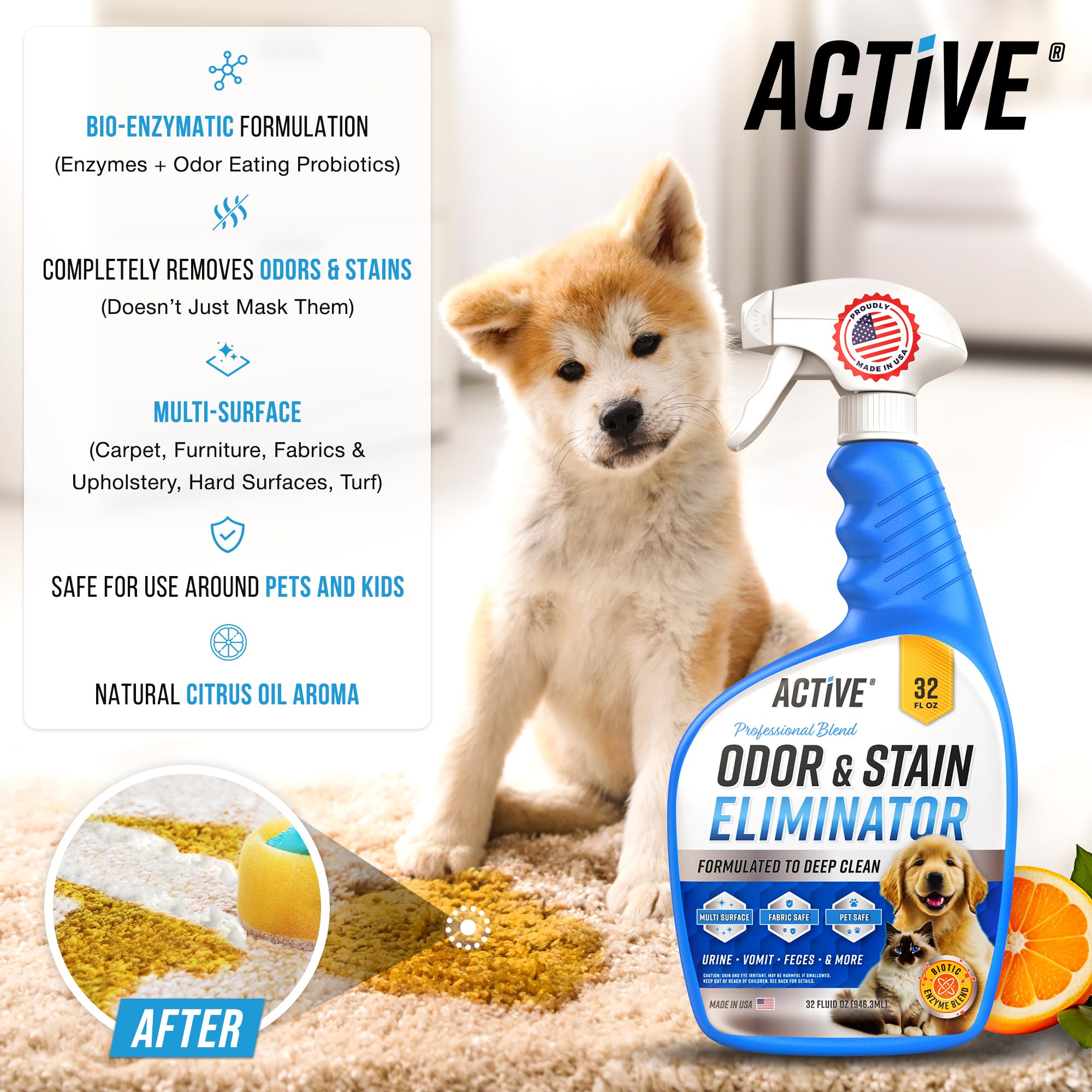 Active Pet Odor Eliminator spray on carpet removing smells and stains