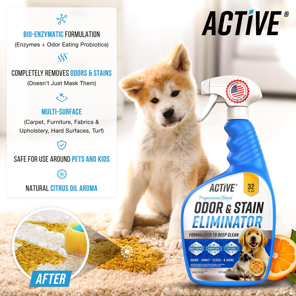 Active Pet Odor Eliminator spray on carpet removing smells and stains