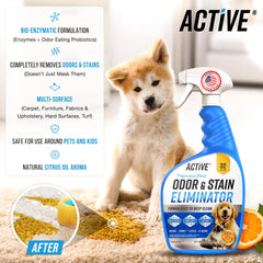 Active Pet Odor Eliminator spray on carpet removing smells and stains