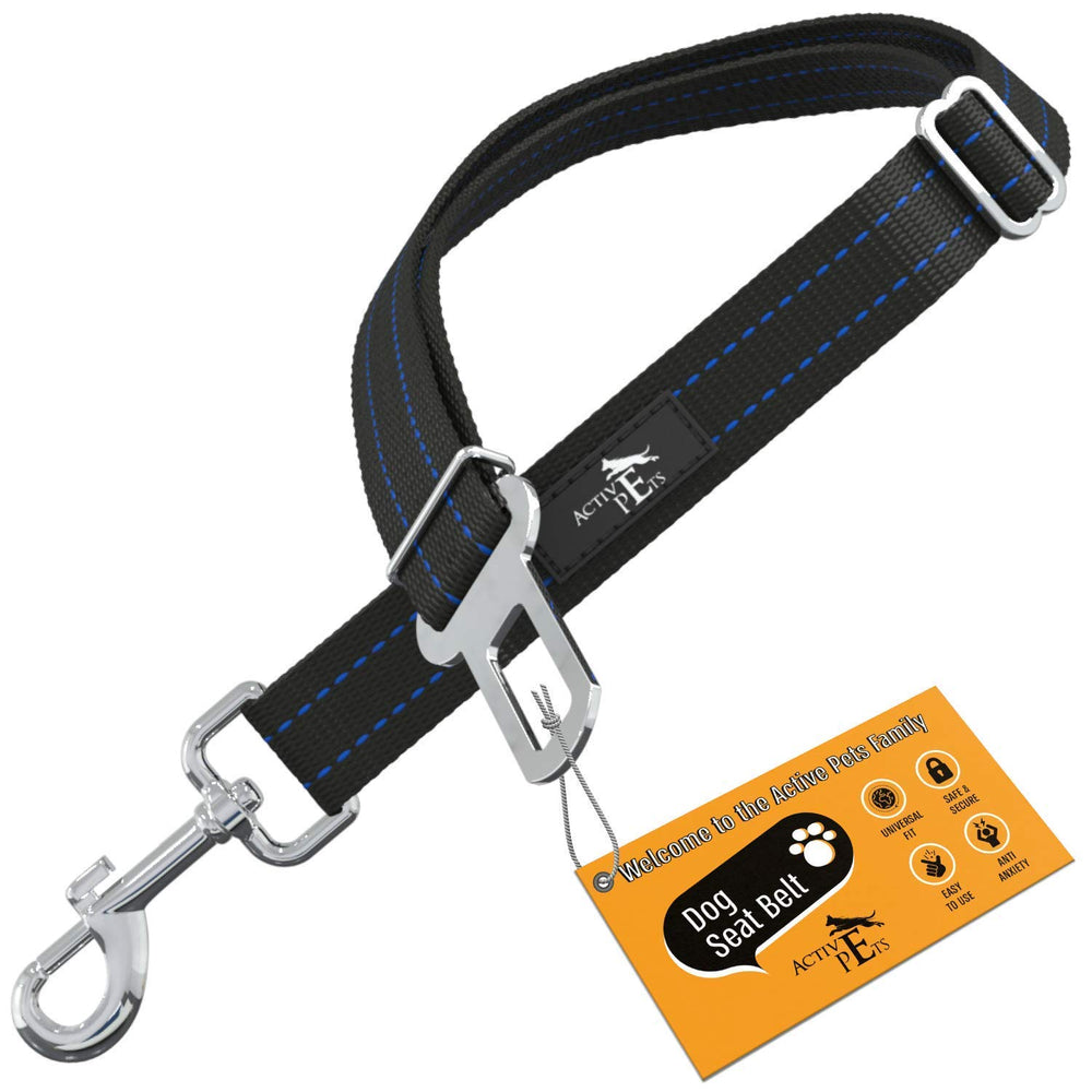 Active Pets blue car seat belt clip keeps dogs securely restrained in vehicles.