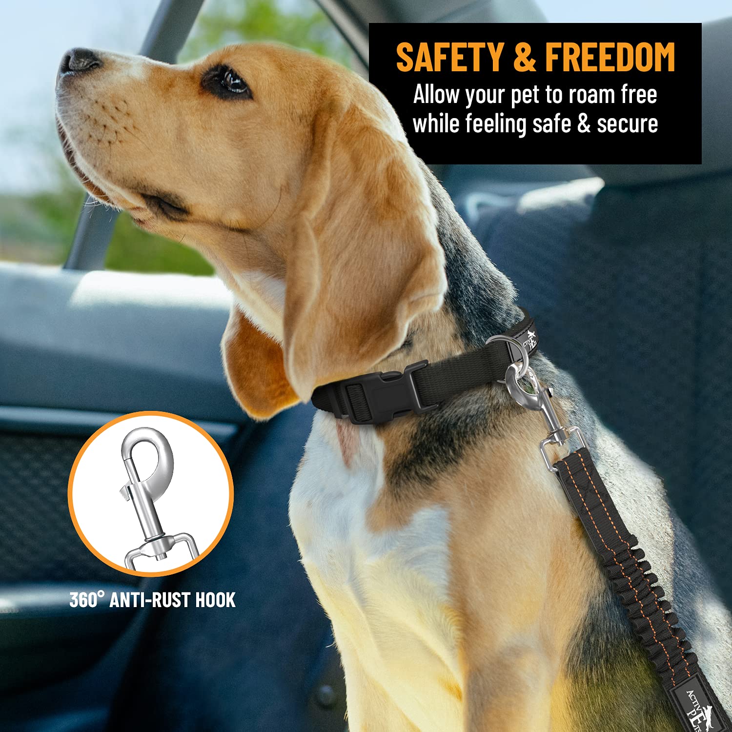 Active Pets seatbelt featuring 360 rotating clasp for tangle-free use