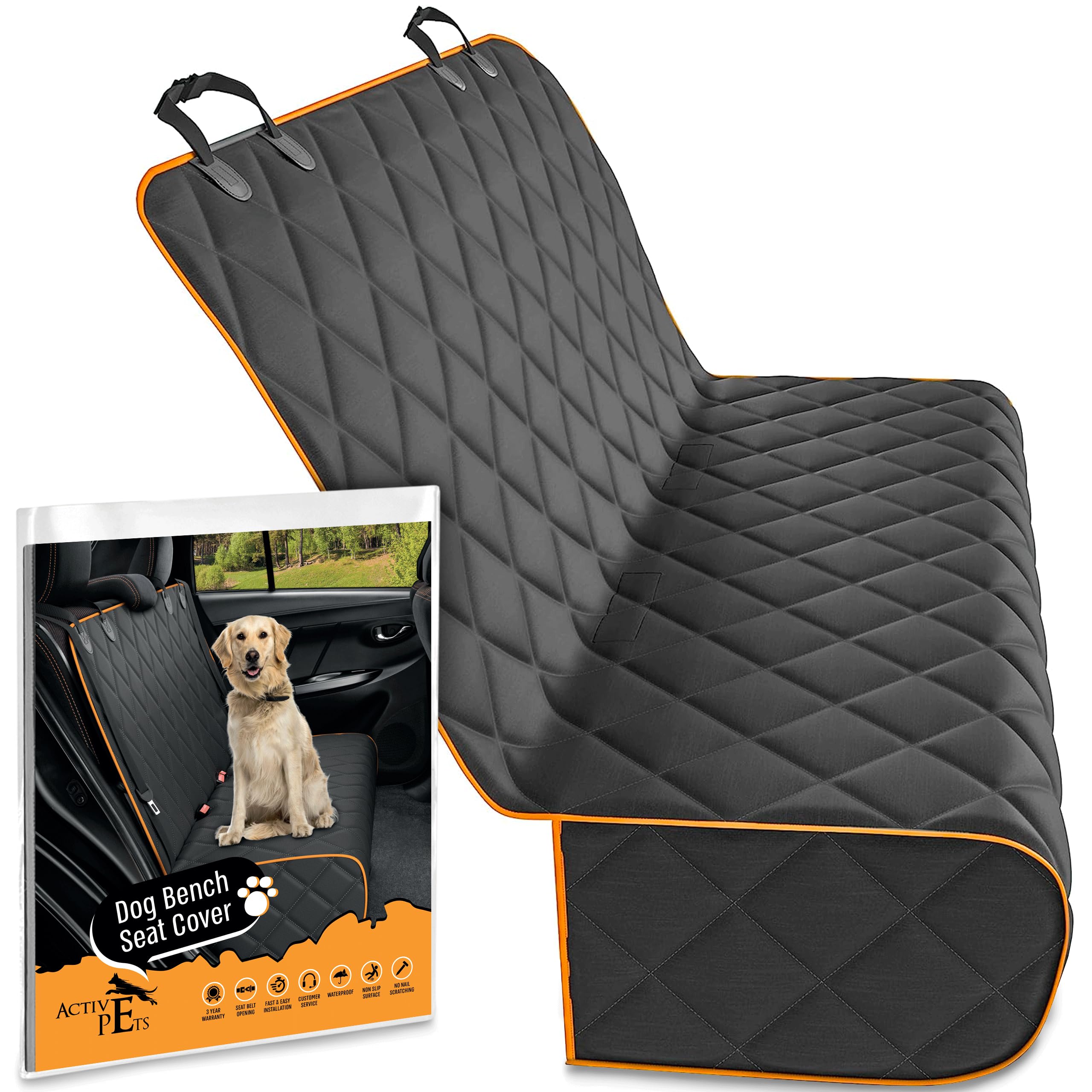 Active Pets orange car rear seat cover protects back seats from dog mud and fur.