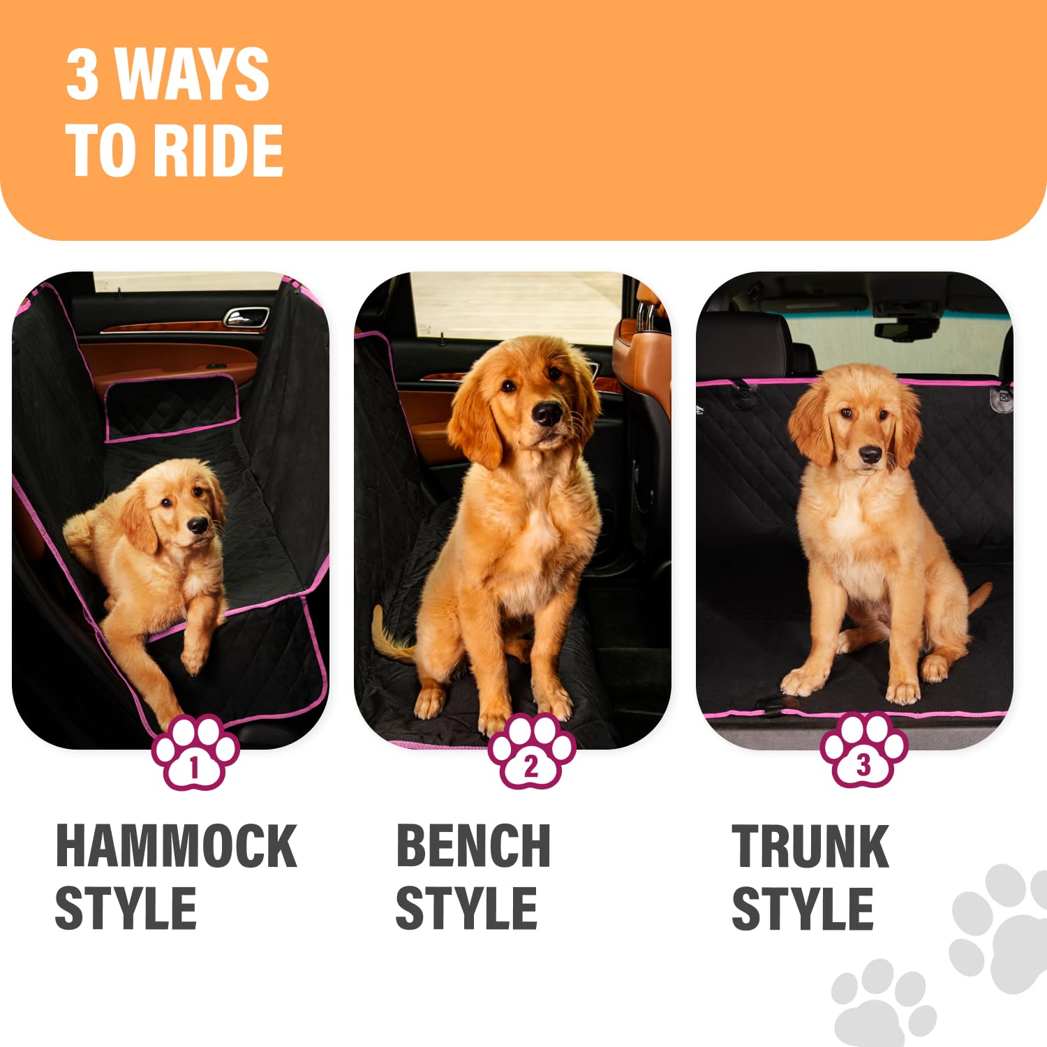 Active Pets pink PFAs-free fabric back-seat cover reduces staining risk during travel.