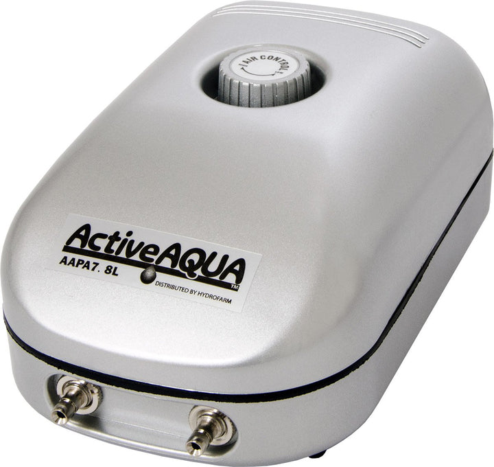 ACTIVEAQUA AAPA7-8L air pump, side view, two outlets for versatile aquarium aeration.