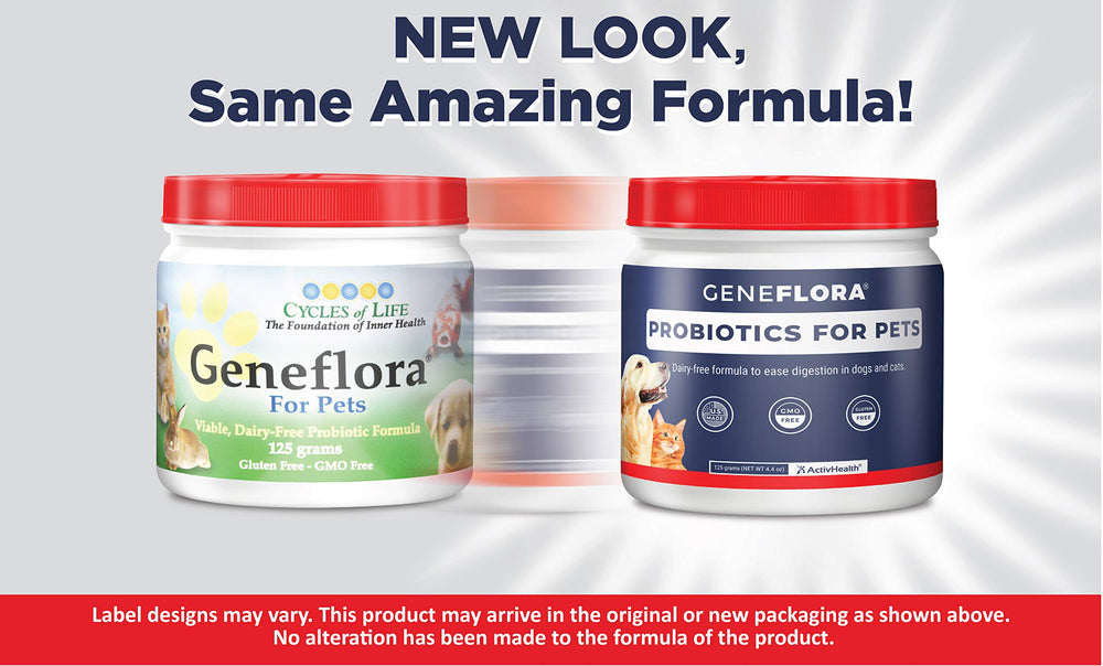 Geneflora scoop with bottle shows easy dosing for dogs, cats, and rabbits