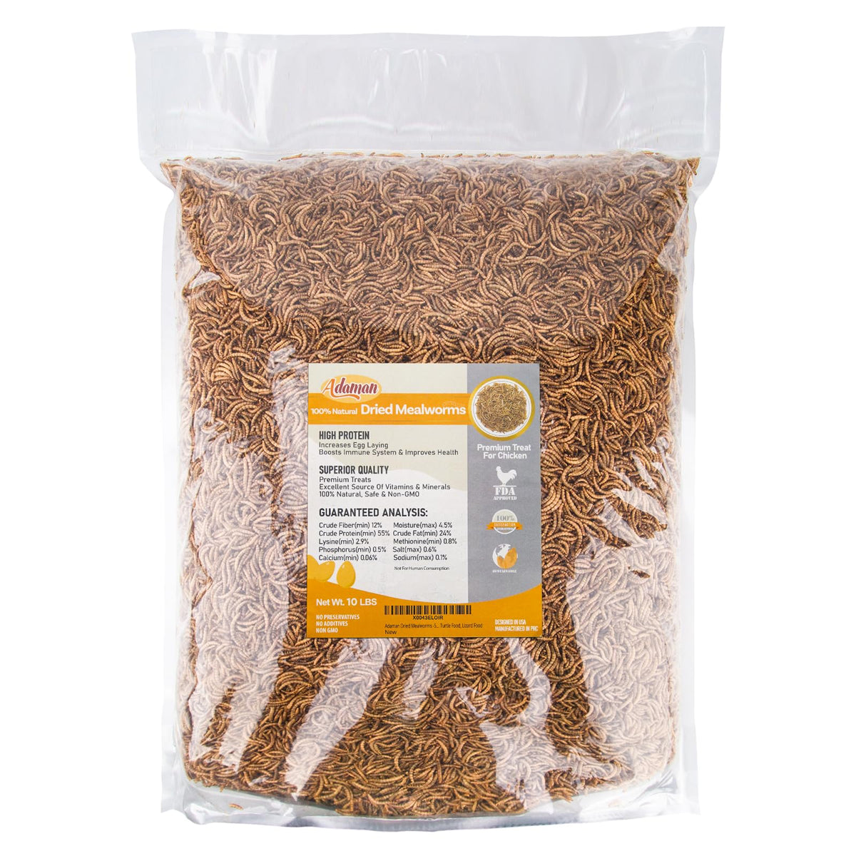 Adaman dried mealworms in a 10 lb bulk bag for poultry nutrition.