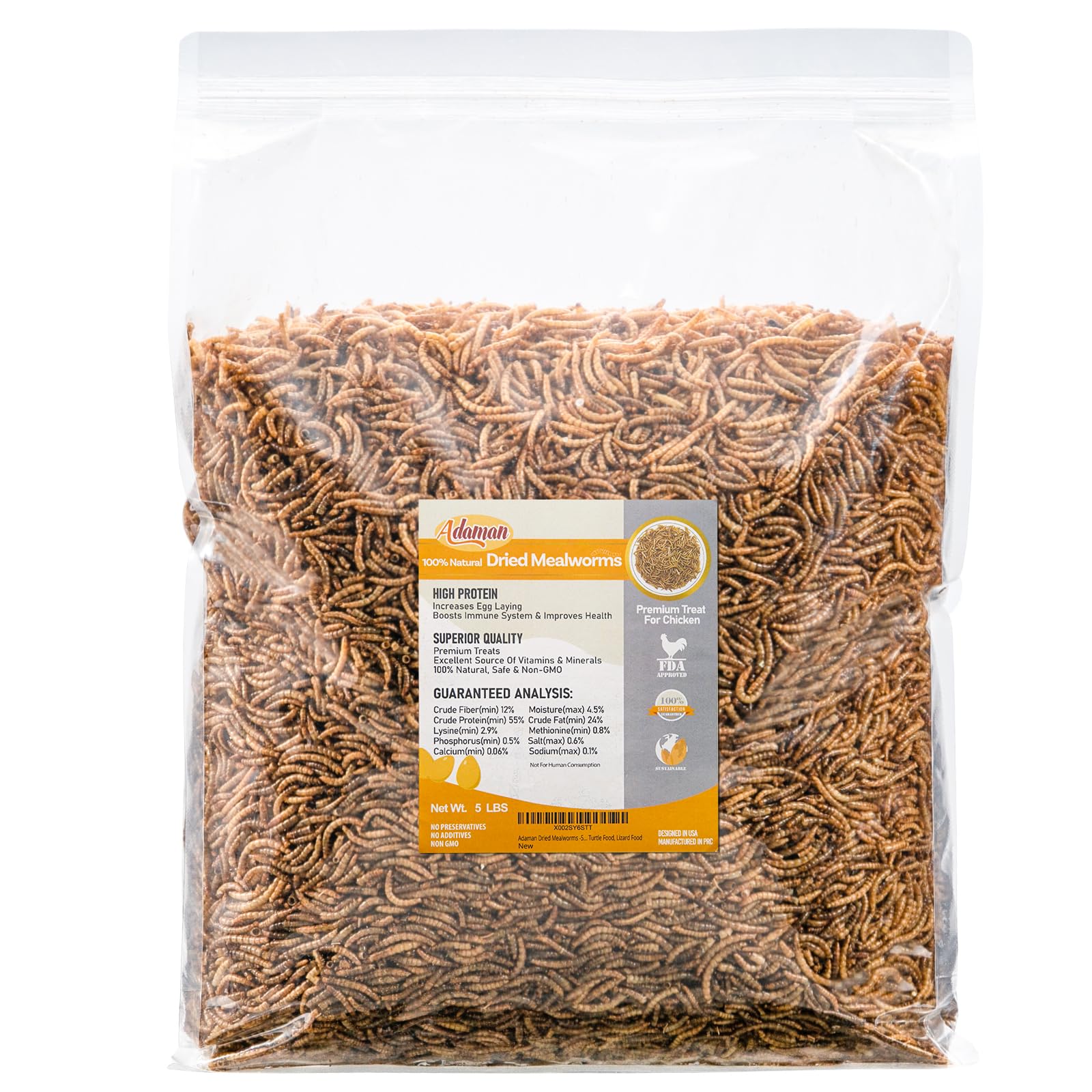 Adaman Dried Mealworms bag closeup, a protein-rich pet snack.