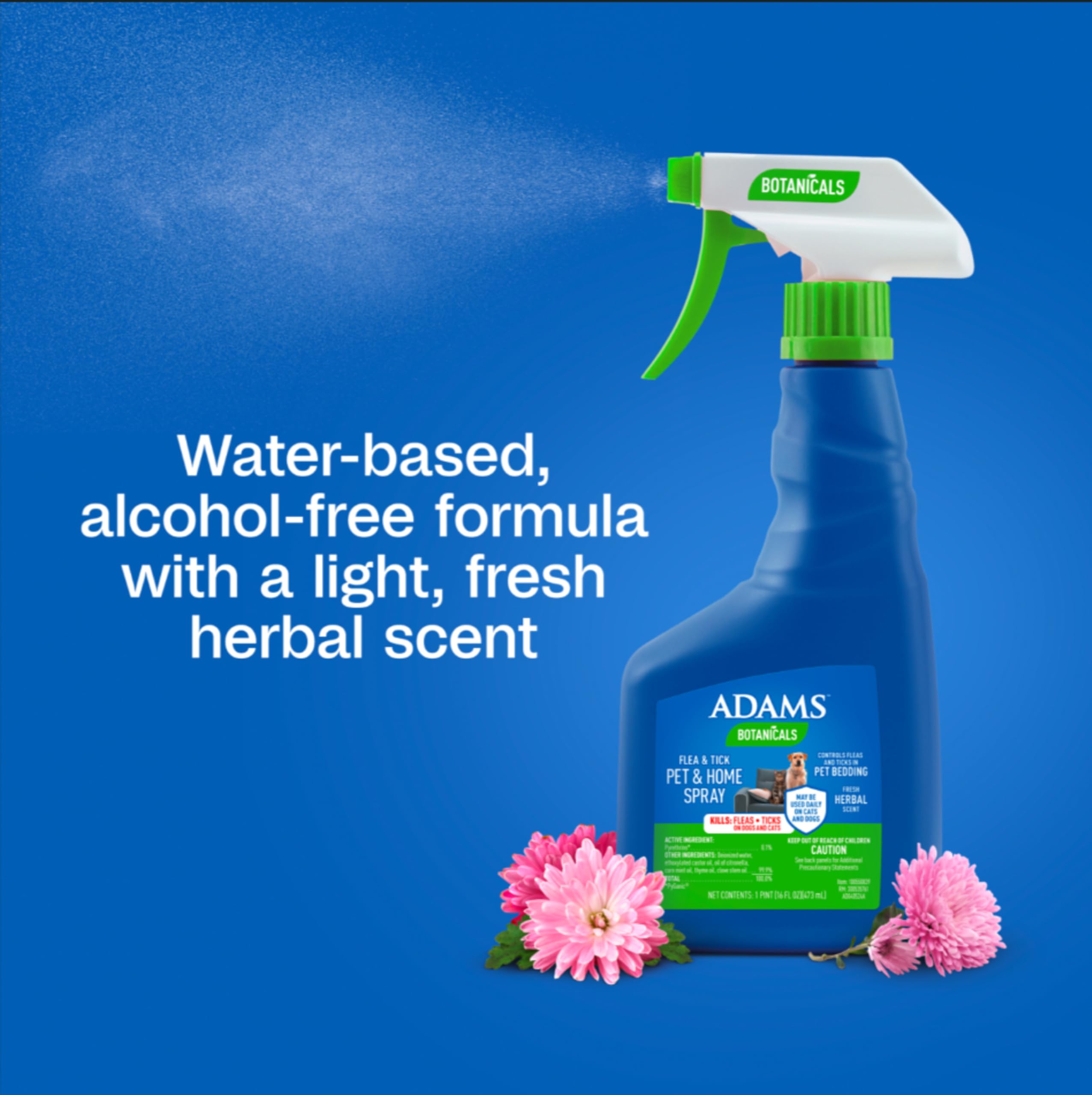 ADAMS Botanicals fine-mist spray shown for even coverage without heavy residue.