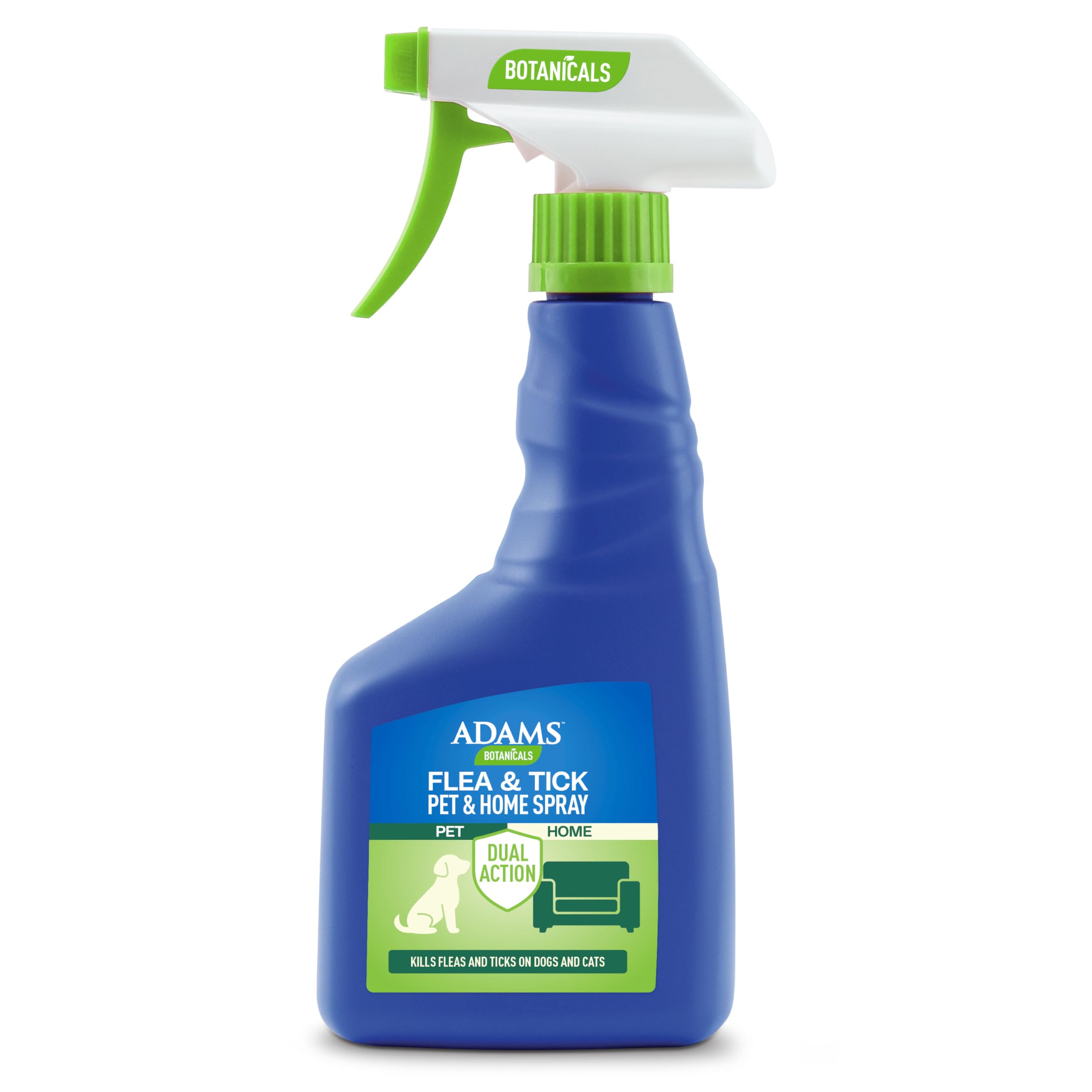ADAMS Botanicals flea-tick spray bottle for pets and home, plant-based protection.