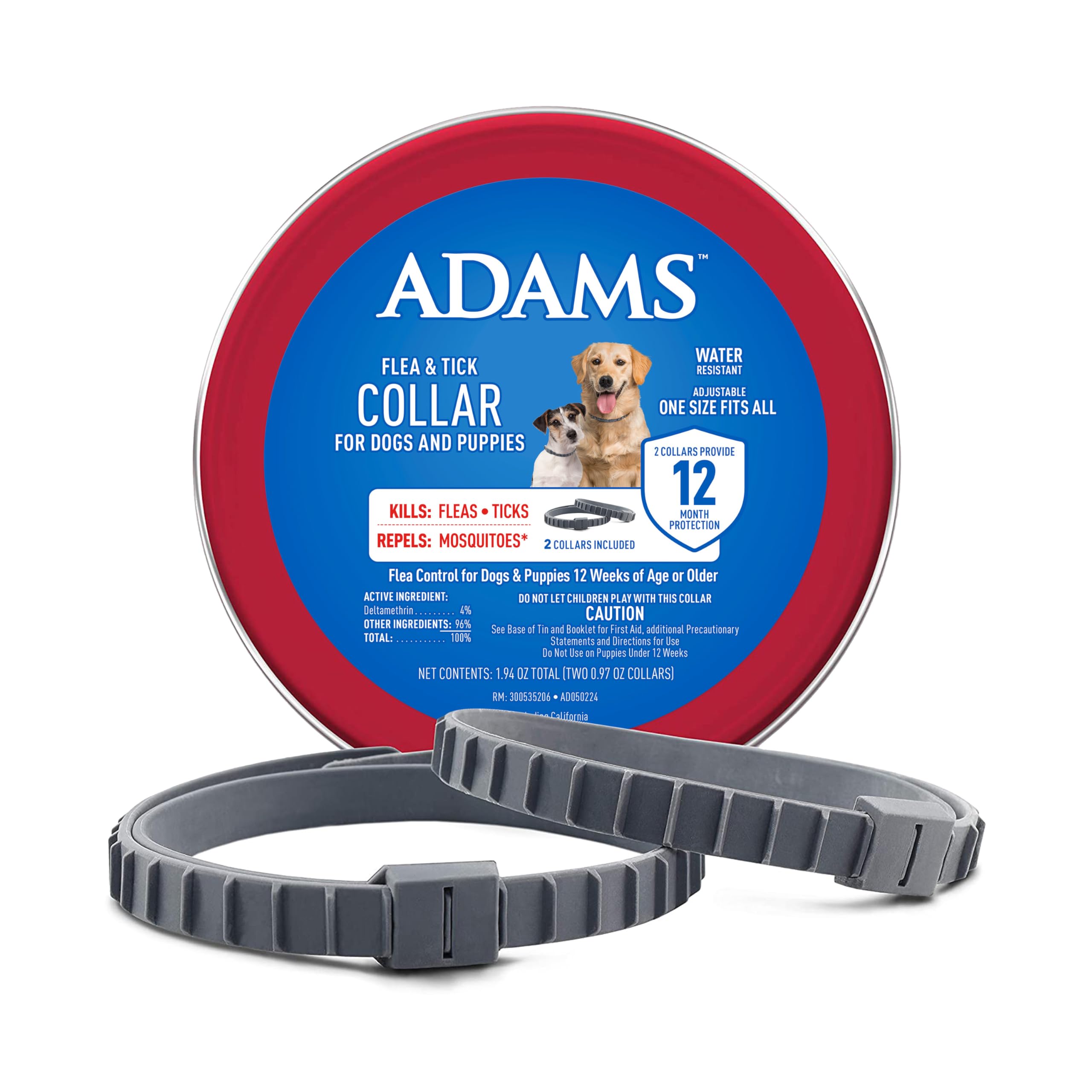 ADAMS flea & tick collar packaging shows convenient protection for dogs