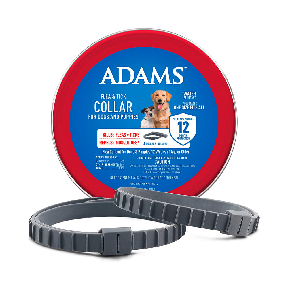 ADAMS flea & tick collar packaging shows convenient protection for dogs