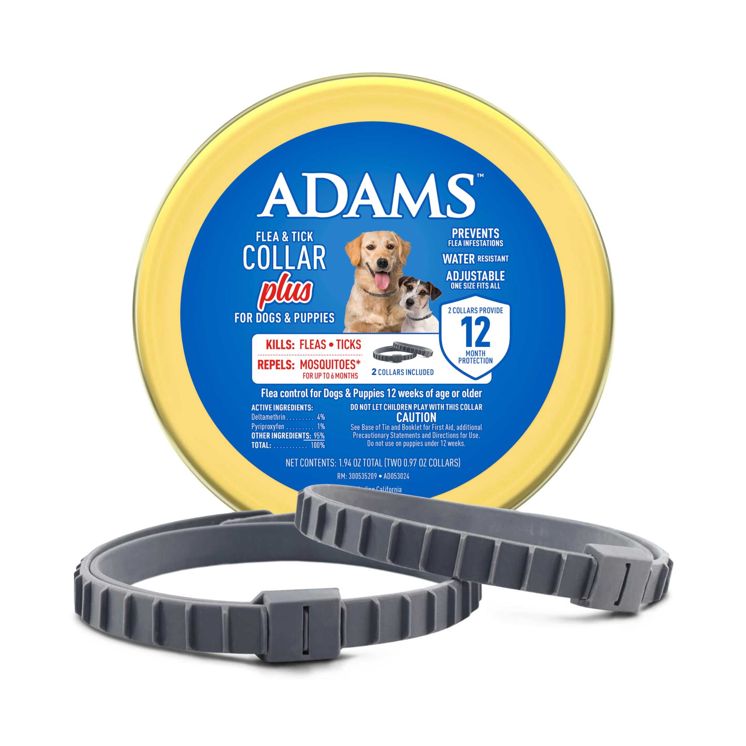 ADAMS Flea & Tick Collar Plus on a dog’s neck providing long-lasting flea and tick protection.