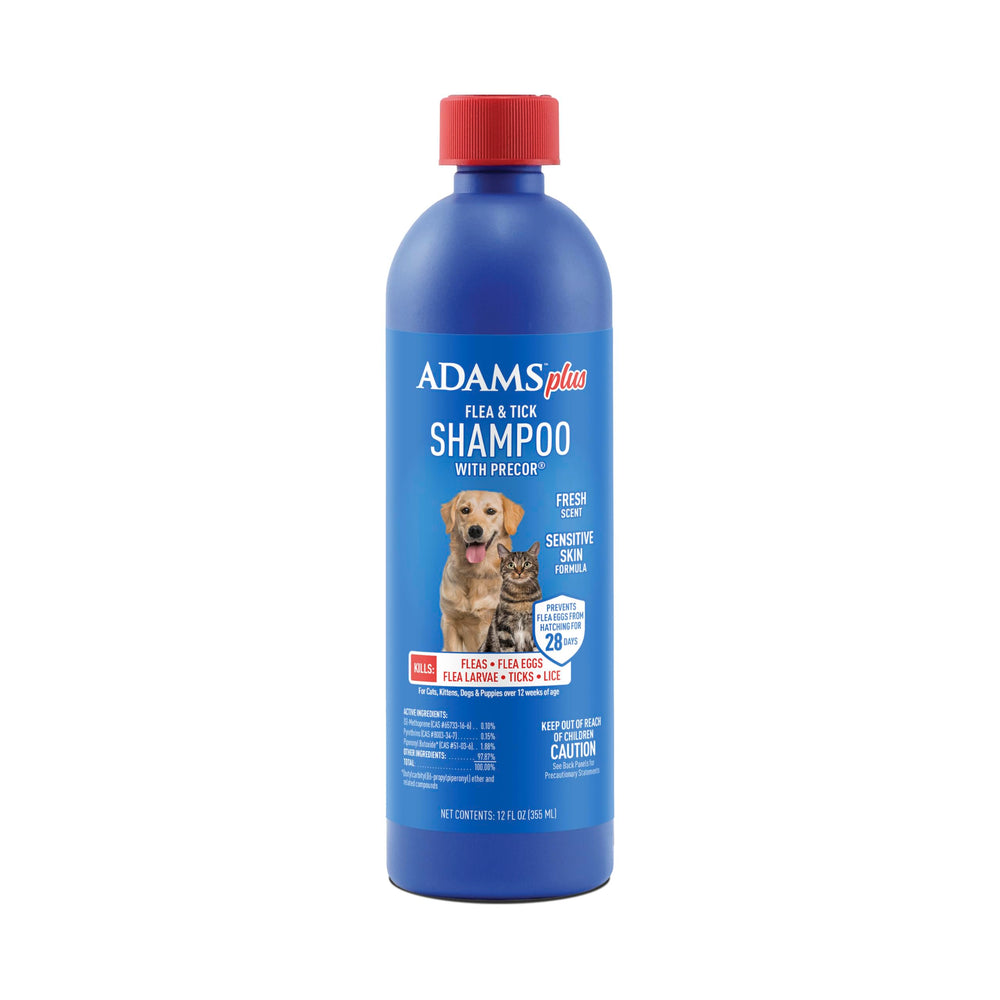ADAMS Plus flea and tick shampoo bottle shows pest protection for dogs and cats