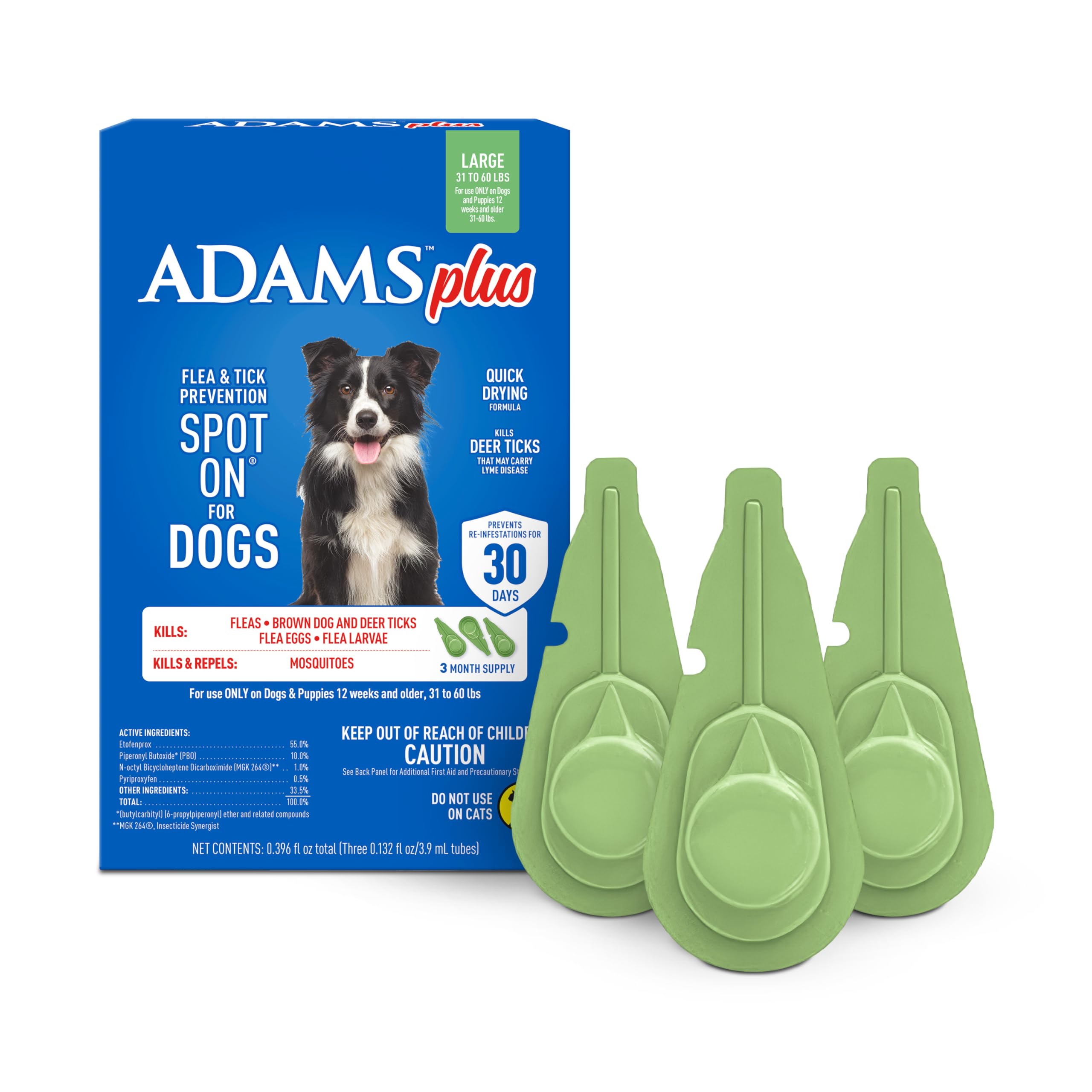 ADAMS Plus spot-on large dog application through fur provides fast flea and tick protection