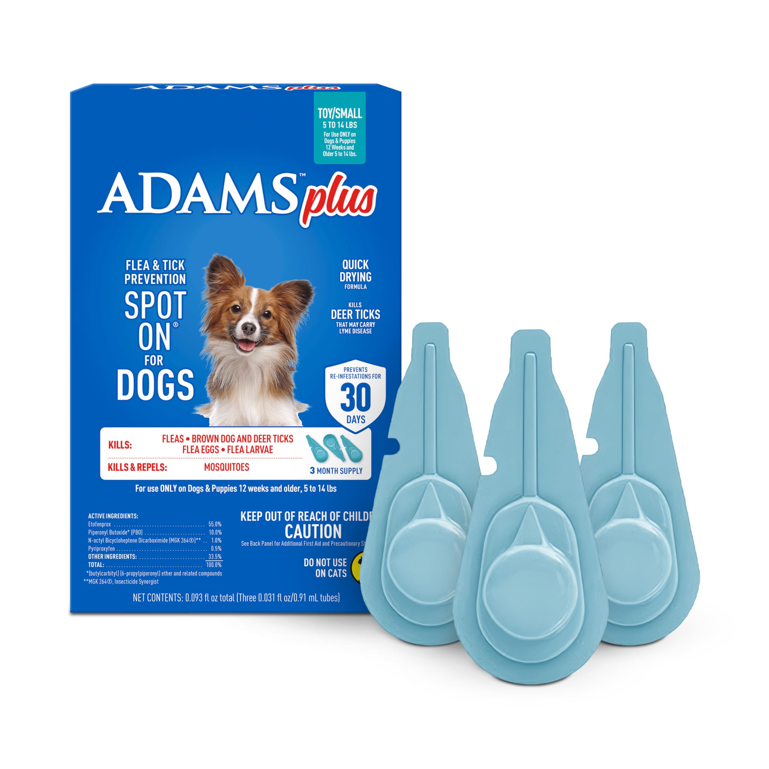 ADAMS Plus packaging shows the three-month flea and tick protection for toy dogs.