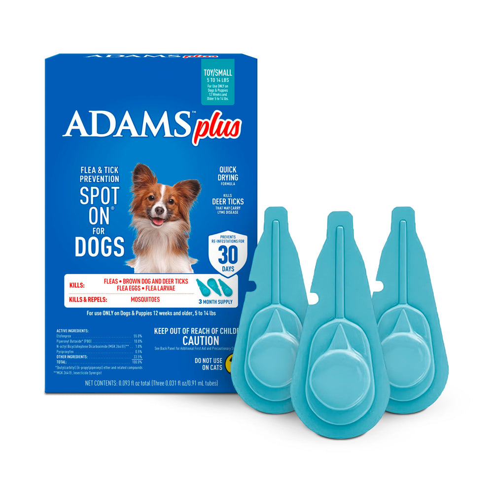 ADAMS Plus packaging shows the three-month flea and tick protection for toy dogs.