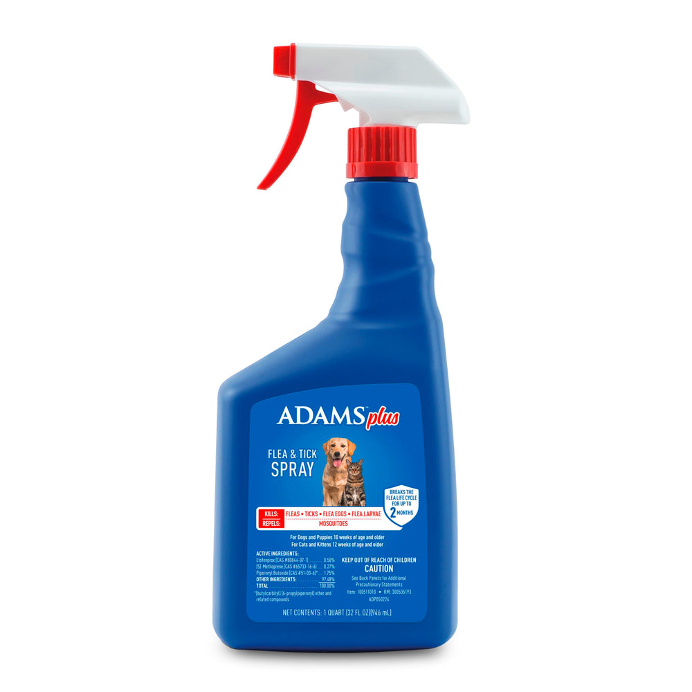 ADAMS Plus Flea & Tick Spray bottle label with 32 oz capacity for pets
