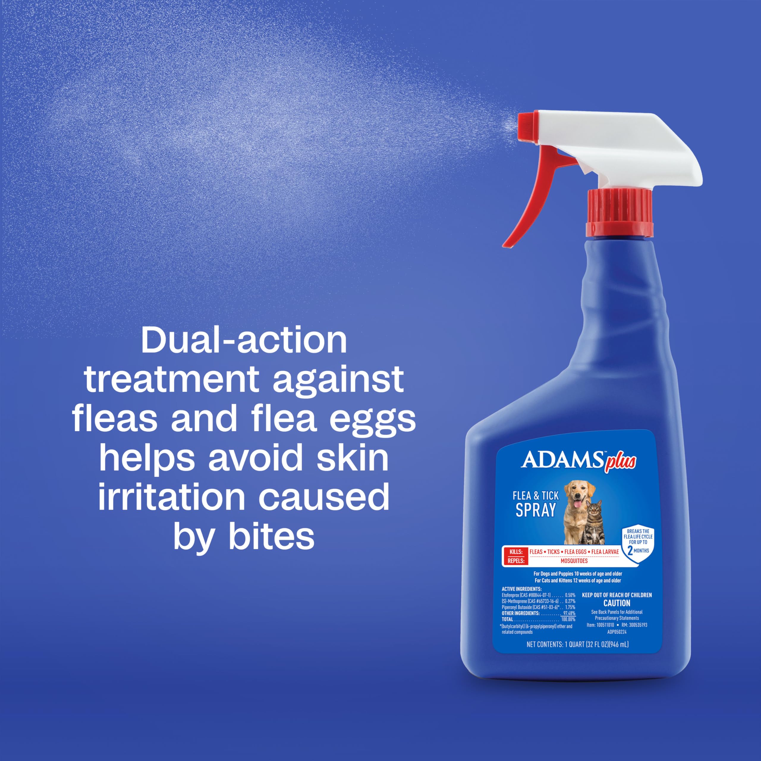 ADAMS Plus Flea & Tick Spray quick-drying unscented formula for multi-pet homes