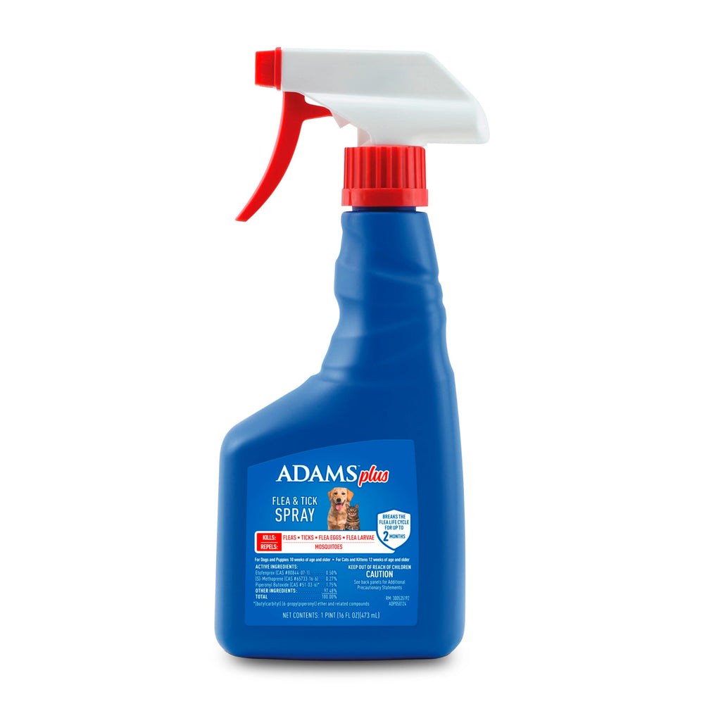 ADAMS Plus spray bottle for fast pet pest protection against fleas and ticks.