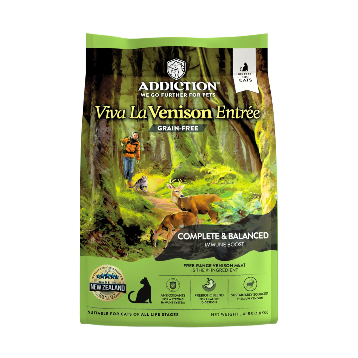 Addiction Viva Venison Grain-Free dry cat food bag front highlighting premium venison for muscle support.