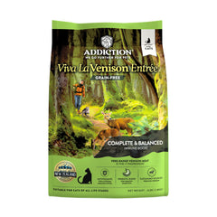 Addiction Viva Venison Grain-Free dry cat food bag front highlighting premium venison for muscle support.