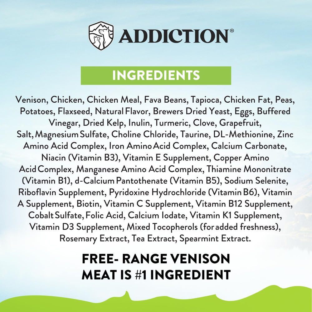 NZ-made Addiction Venison Grain-Free bag label emphasizing premium ingredients.