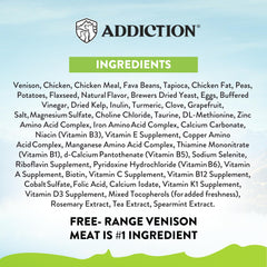 NZ-made Addiction Venison Grain-Free bag label emphasizing premium ingredients.